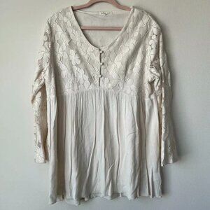 Indigo Soul Blouse Lace Bodice Bell Sleeves Ivory Flowy Boho Cottagecore Size XL